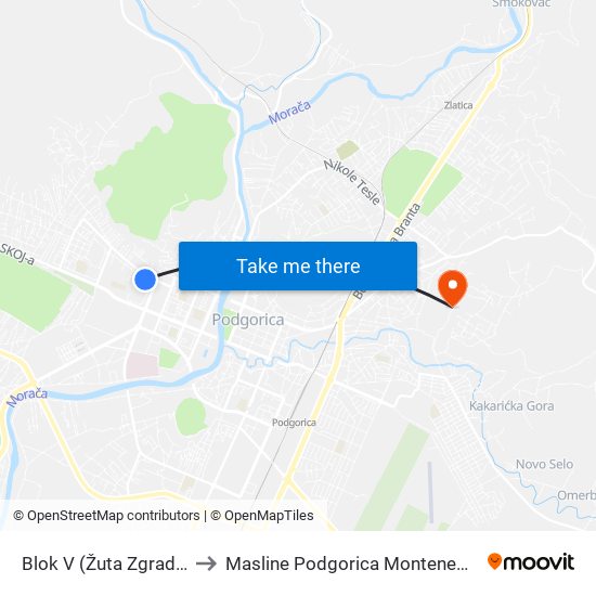 Blok V (Žuta Zgrada) to Masline Podgorica Montenegro map