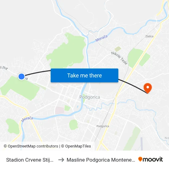 Stadion Crvene Stijene to Masline Podgorica Montenegro map