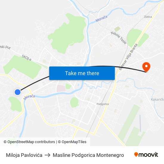 Miloja Pavlovića to Masline Podgorica Montenegro map