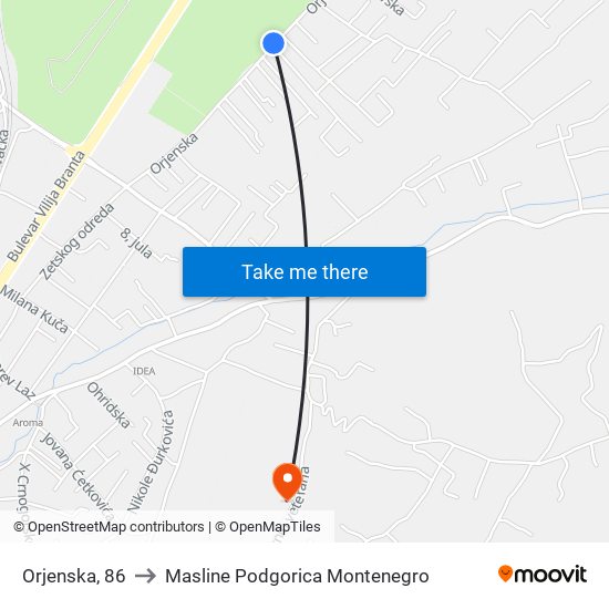 Orjenska, 86 to Masline Podgorica Montenegro map