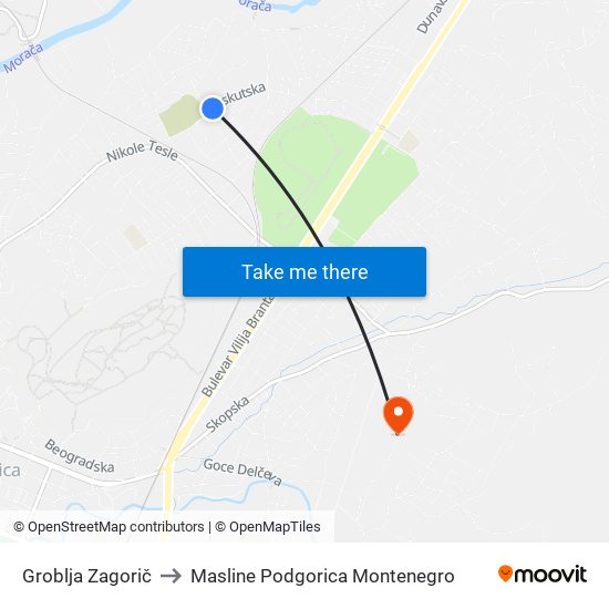 Groblja Zagorič to Masline Podgorica Montenegro map