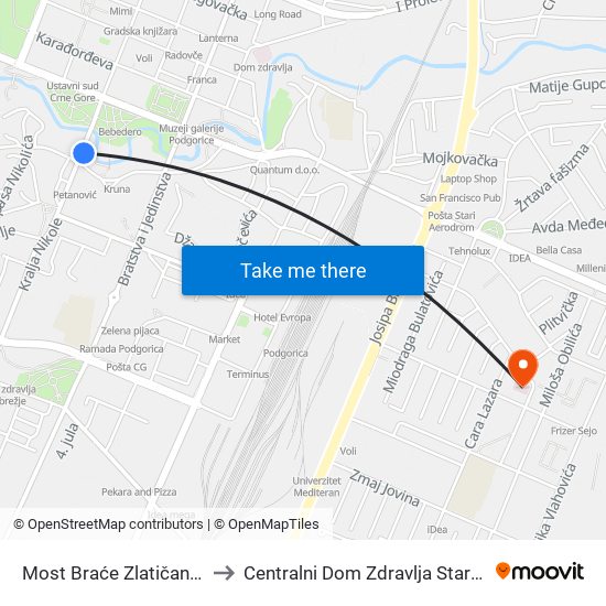 Most Braće Zlatičanin (Nikić) to Centralni Dom Zdravlja Stari Aerodrom map