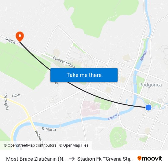 Most Braće Zlatičanin (Nikić) to Stadion Fk ""Crvena Stijena"" map