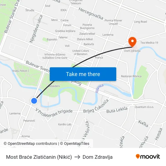 Most Braće Zlatičanin (Nikić) to Dom Zdravlja map