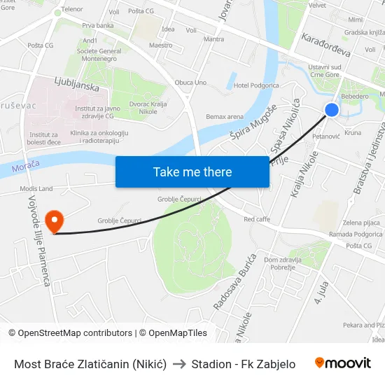 Most Braće Zlatičanin (Nikić) to Stadion - Fk Zabjelo map
