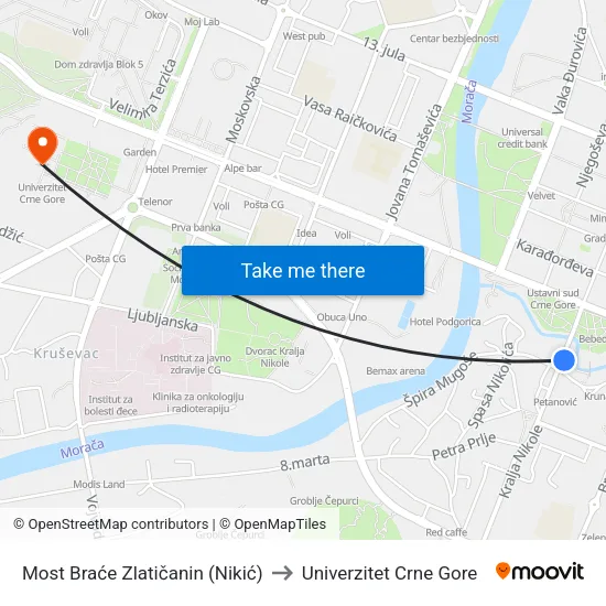 Most Braće Zlatičanin (Nikić) to Univerzitet Crne Gore map