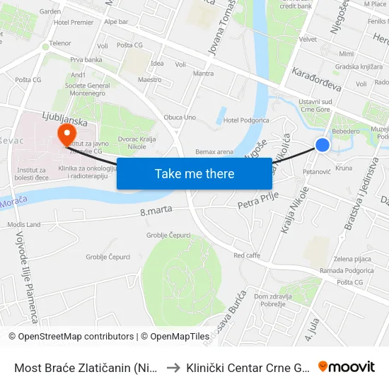 Most Braće Zlatičanin (Nikić) to Klinički Centar Crne Gore map