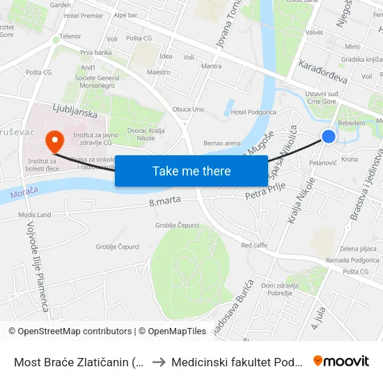 Most Braće Zlatičanin (Nikić) to Medicinski fakultet Podgorica map