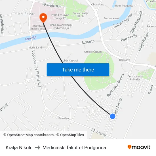 Kralja Nikole to Medicinski fakultet Podgorica map