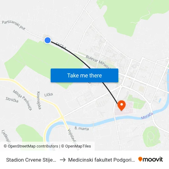 Stadion Crvene Stijene to Medicinski fakultet Podgorica map