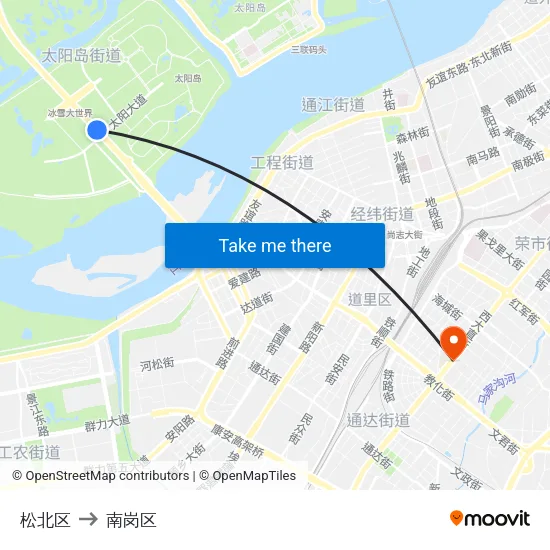 松北区 to 南岗区 map