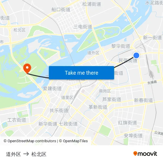 道外区 to 松北区 map
