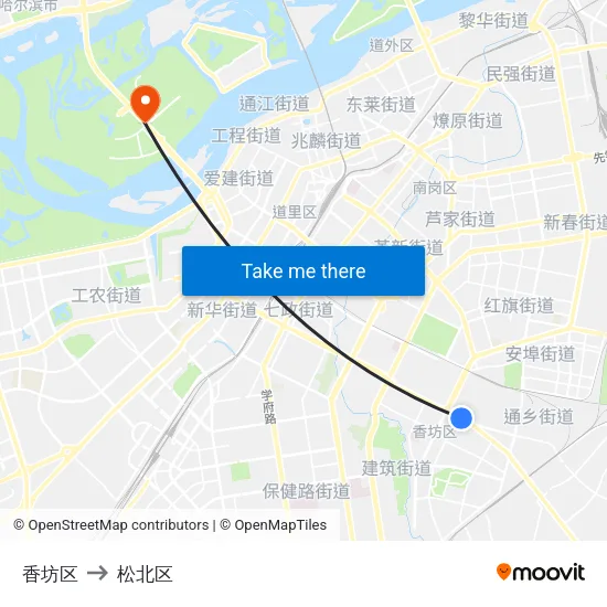 香坊区 to 松北区 map