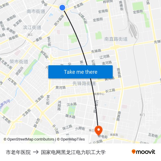 市老年医院 to 国家电网黑龙江电力职工大学 map