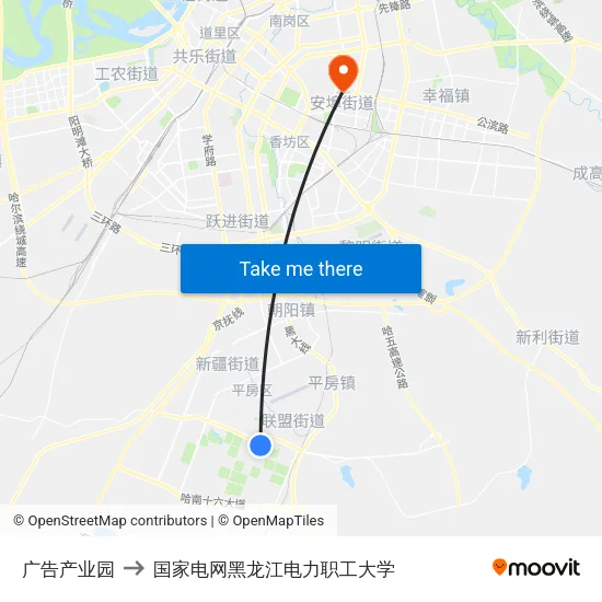 广告产业园 to 国家电网黑龙江电力职工大学 map