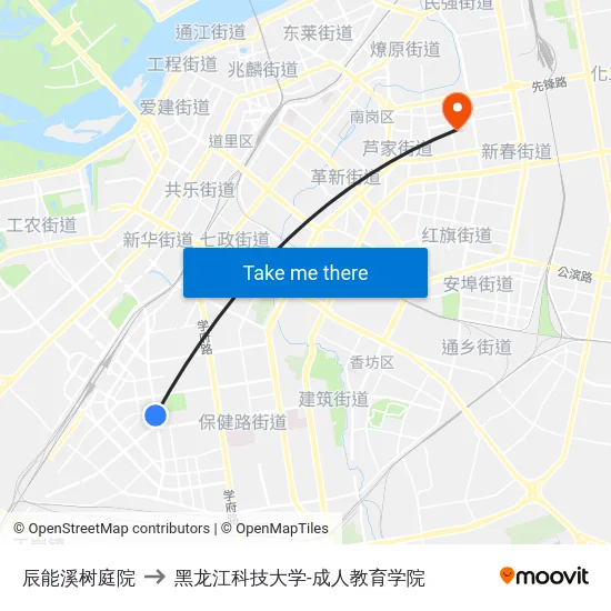 辰能溪树庭院 to 黑龙江科技大学-成人教育学院 map