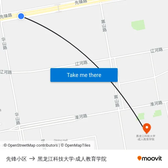 先锋小区 to 黑龙江科技大学-成人教育学院 map