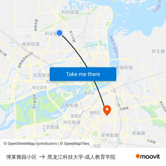 博莱雅园小区 to 黑龙江科技大学-成人教育学院 map