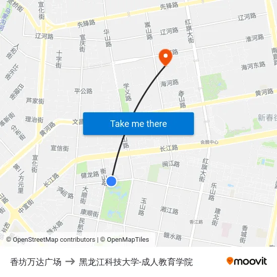 香坊万达广场 to 黑龙江科技大学-成人教育学院 map