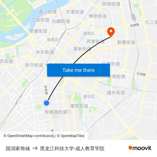 国润家饰城 to 黑龙江科技大学-成人教育学院 map