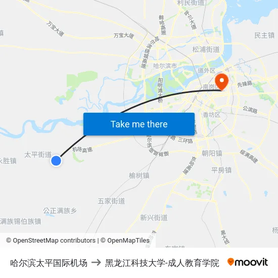 哈尔滨太平国际机场 to 黑龙江科技大学-成人教育学院 map