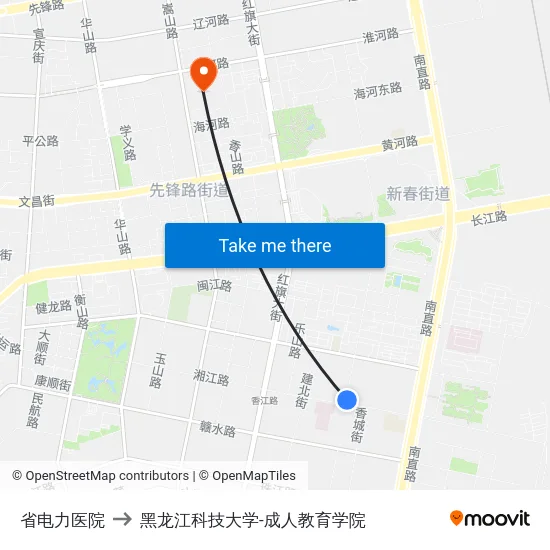 省电力医院 to 黑龙江科技大学-成人教育学院 map
