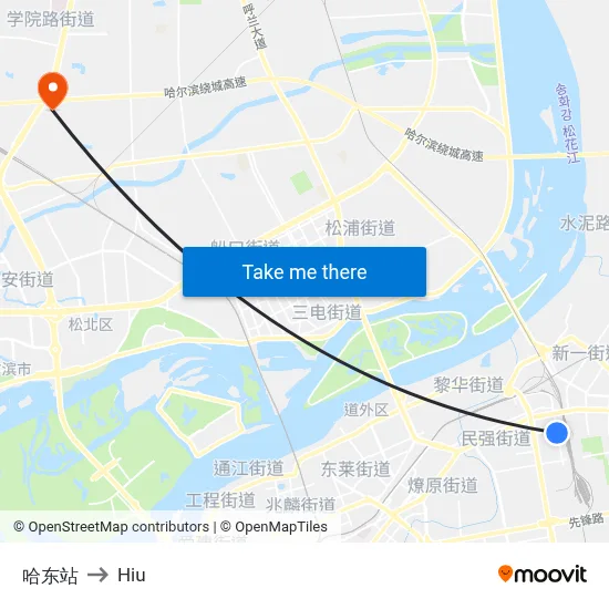 Harbin East Station to Hiu map