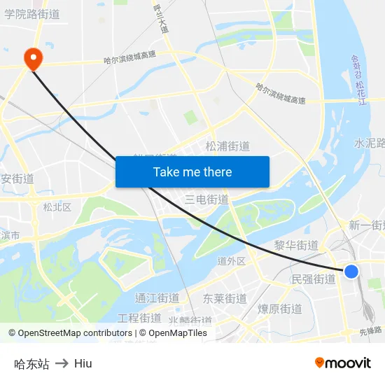 Harbin East Station to Hiu map