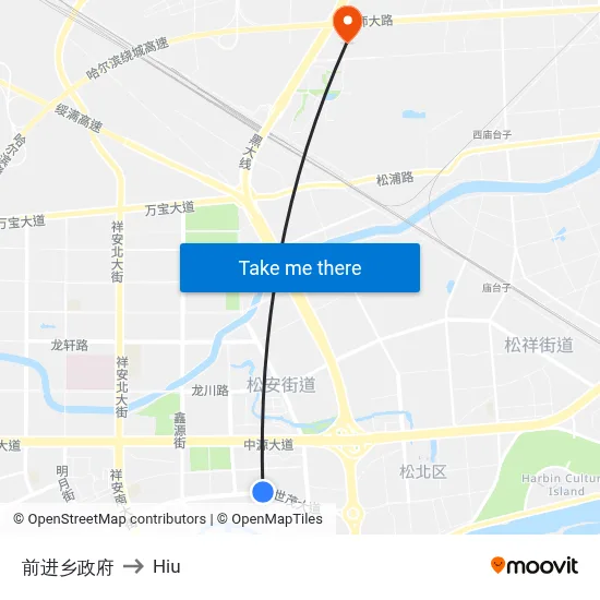Qianjin Township Government to Hiu map