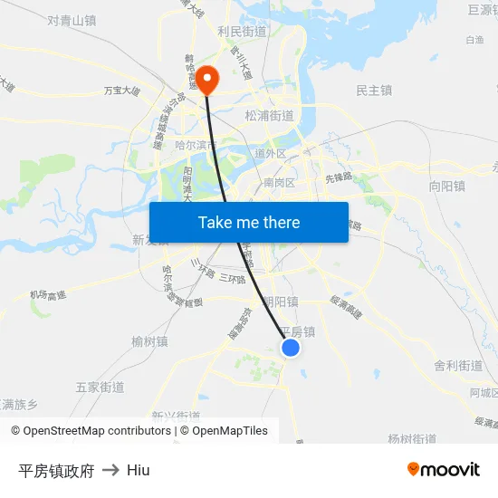 Pingfang Town Government to Hiu map