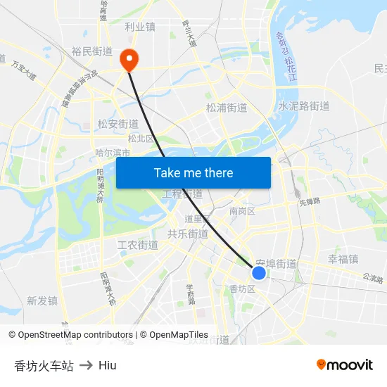 Xiangfang Railway Station to Hiu map