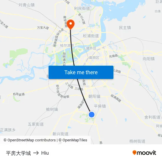 平房大学城 to Hiu map