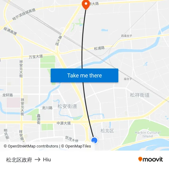 Songbei District Government to Hiu map