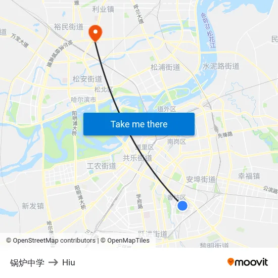 Boiler Middle School to Hiu map