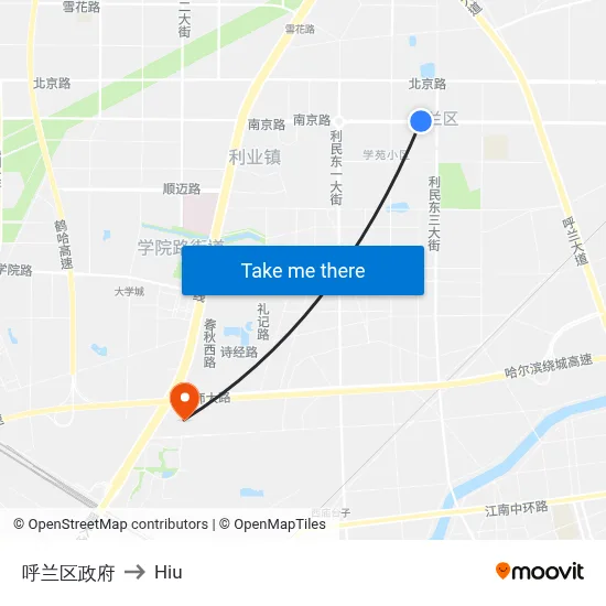 Hulan District Government to Hiu map