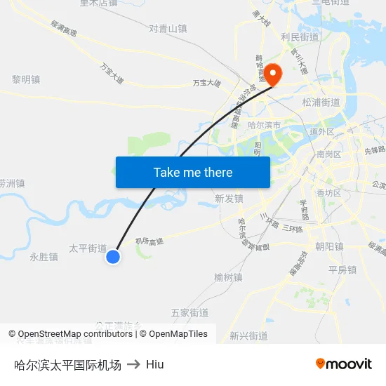 Harbin Taiping International Airport to Hiu map