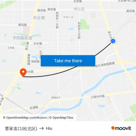 Caojia Crossing (Songbei District) to Hiu map