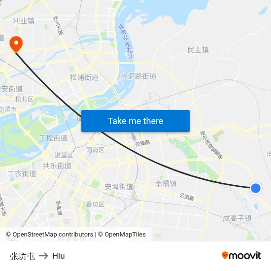 Zhangfang Village to Hiu map
