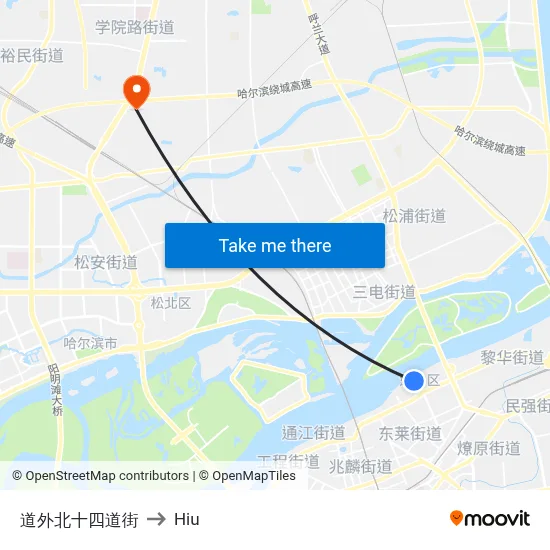 Daowai North 14th Street to Hiu map