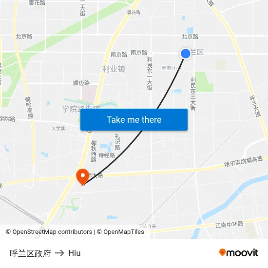 呼兰区政府 to Hiu map