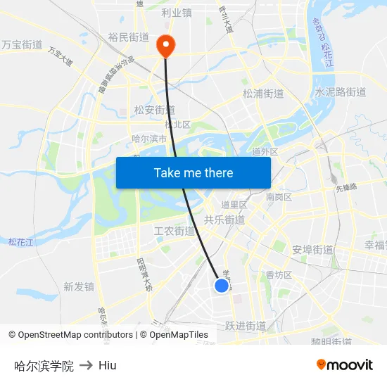 Harbin College to Hiu map