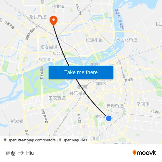 Harbin Charity Hospital to Hiu map