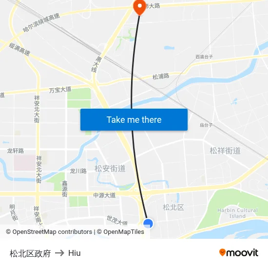 Songbei District Government to Hiu map