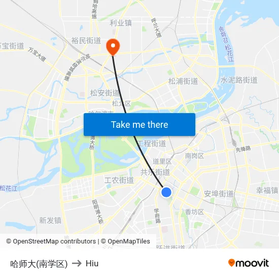Harbin Normal University (South Campus) to Hiu map