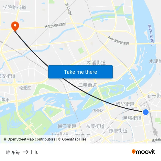 Harbin East Station to Hiu map