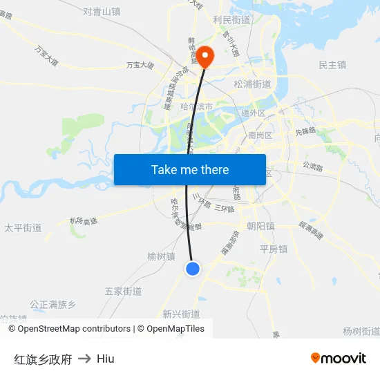 Hongqi Township Government to Hiu map