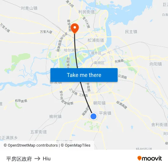 Pingfang District Government to Hiu map