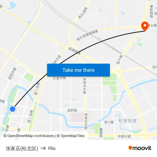 Zhang Jia Store (Songbei District) to Hiu map