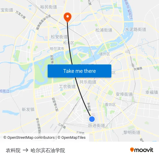农科院 to 哈尔滨石油学院 map