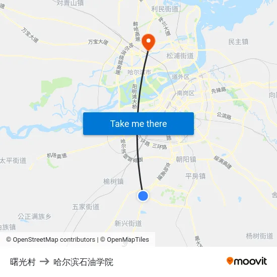 曙光村 to 哈尔滨石油学院 map